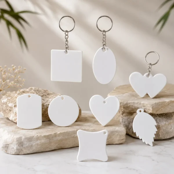 Polymer keychain blanks in multiple shapes for customization and sublimation printing